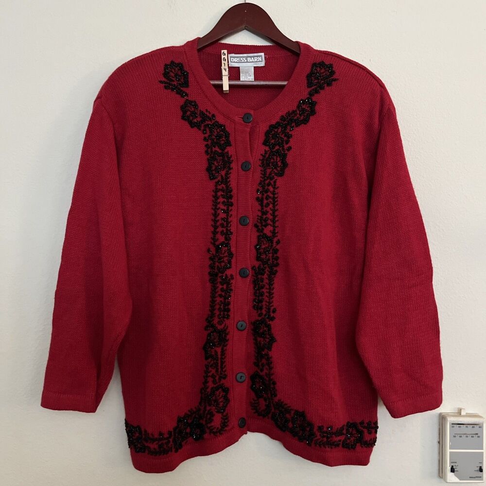 Dressbarn Red Beaded Floral Long Sleeve Knit Button Up Cardigan Sweater 22/24